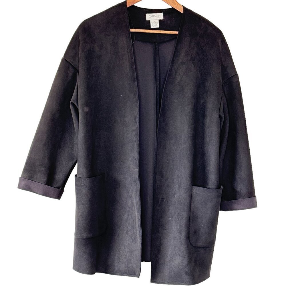 Women's Carmen Marc Valvo Stretch Faux Suede Jacket Lagenlook Black 2 Pockets  M